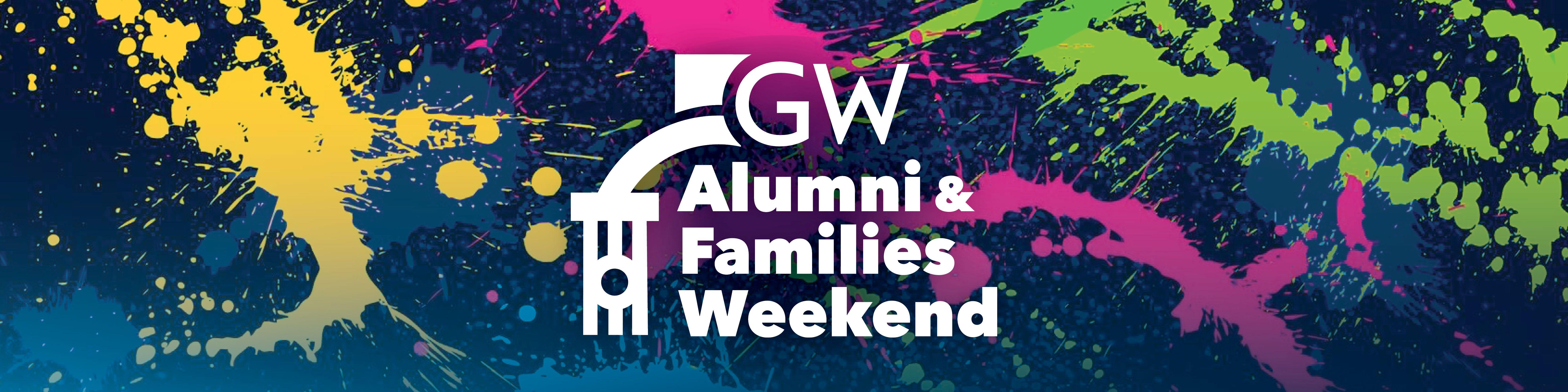 GW Alumni & Families Weekend logo ('90s background design of paint splatter in bright colors)